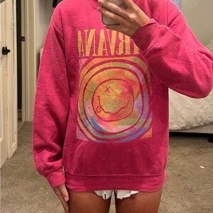 NIRVANA Pink Crew Neck Top with Graphic Design